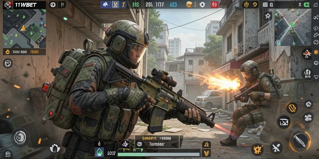 Screenshot gameplay 11WBET dengan aksi tembak-menembak yang intens.