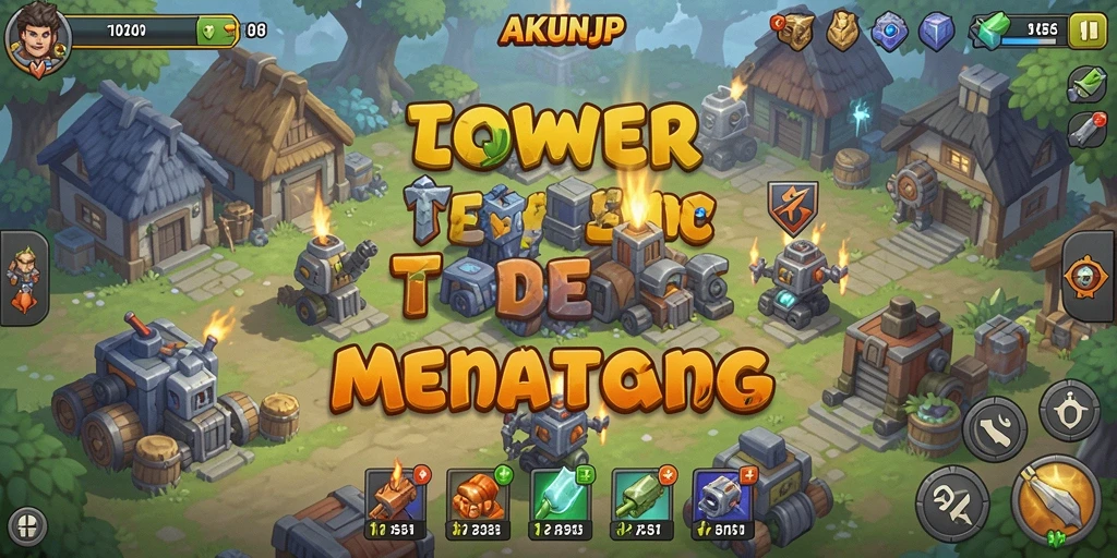 Tangkapan layar utama AKUNJP menampilkan aksi gameplay Tower Defense yang intens.