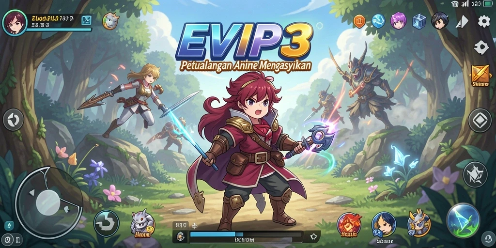 Tangkapan layar EVIP3 dengan grafik anime yang menakjubkan dan gameplay seru.