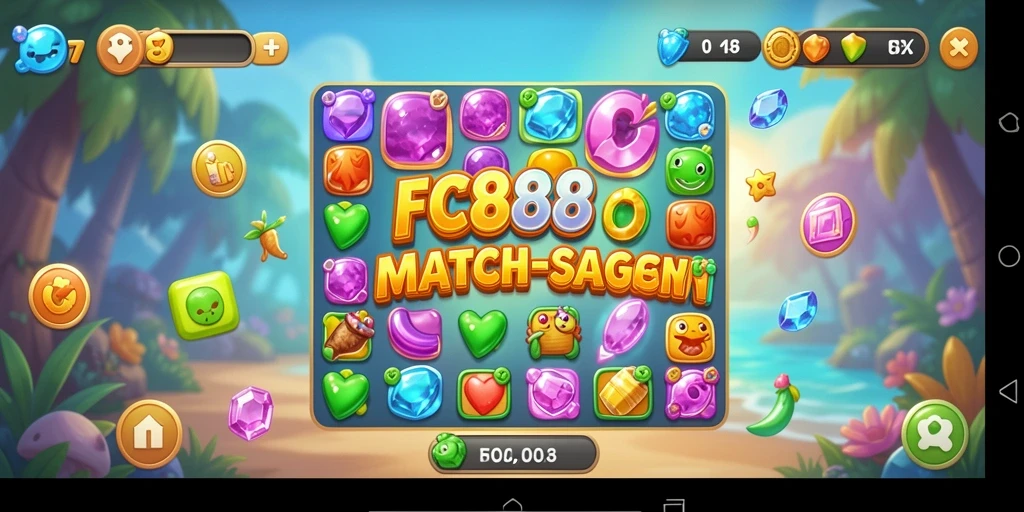 Tangkapan layar utama FC888 menunjukkan gameplay Match-3 yang seru.