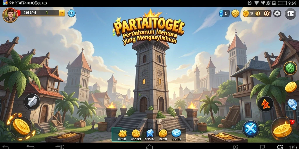 Tampilan gameplay yang menarik dalam PARTAITOGEL dengan menara dan musuh berwarna-warni.