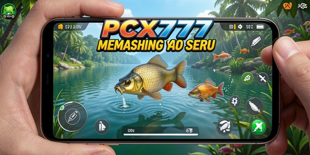 Screenshot menunjukkan pemain menangkap ikan dengan latar belakang yang indah.