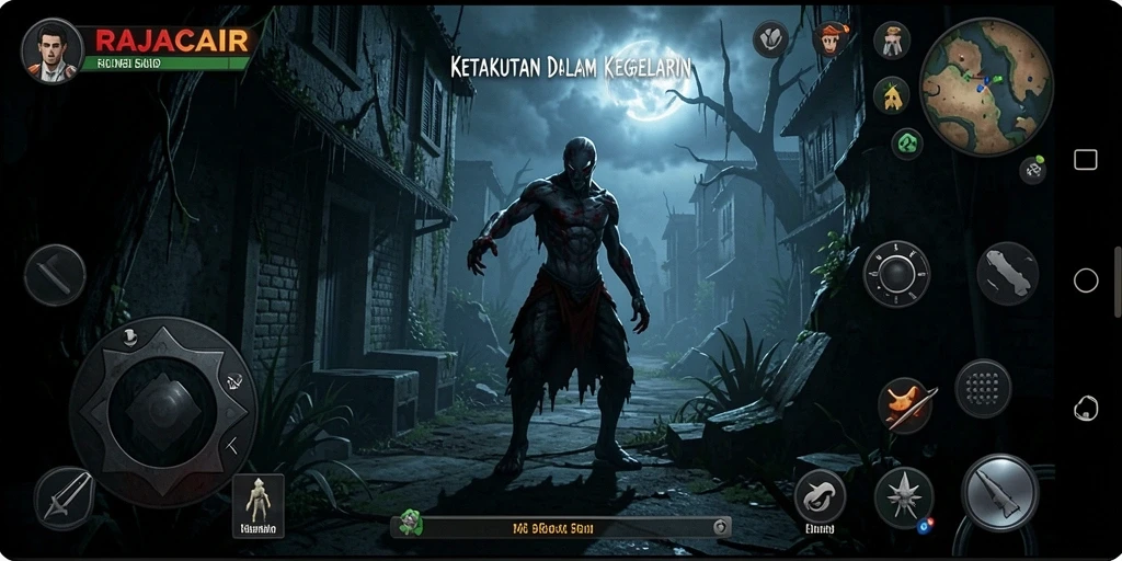 Tampilan gameplay RAJACAIR yang menegangkan saat menjelajahi tempat angker.