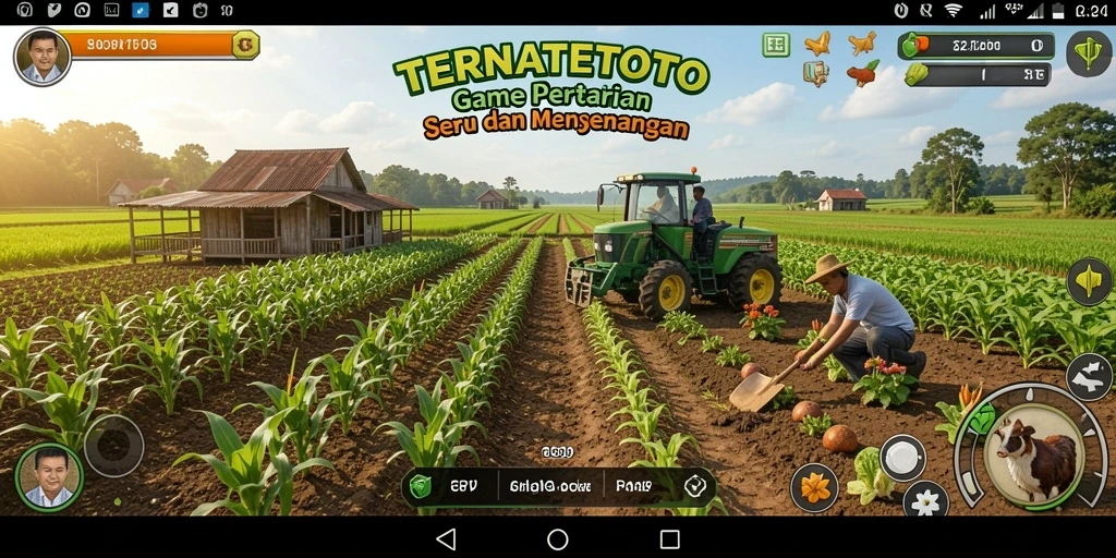 Tampilan screenshot utama TERNATETOTO yang menampilkan kebun yang rimbun dan hewan ternak.