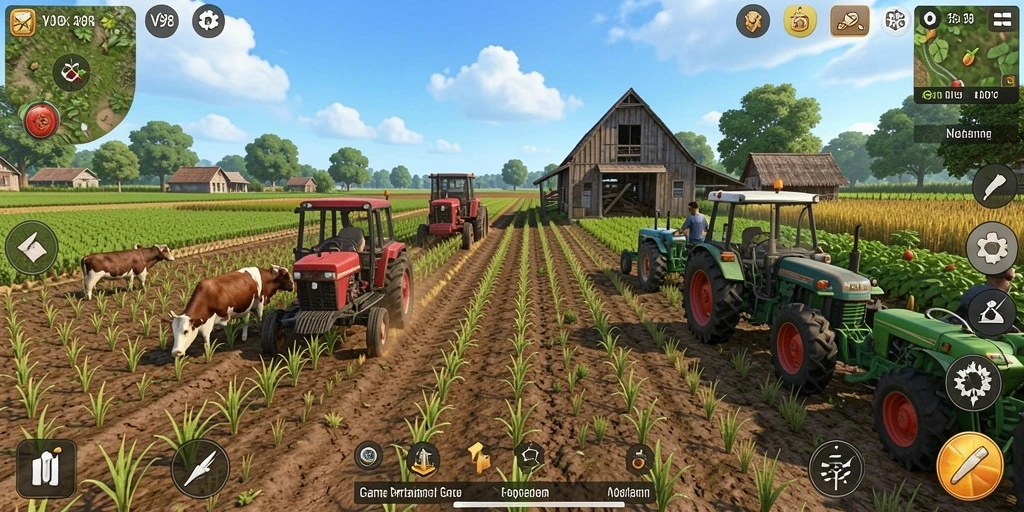 Tampilan gameplay V98 yang menakjubkan dengan kebun yang subur.