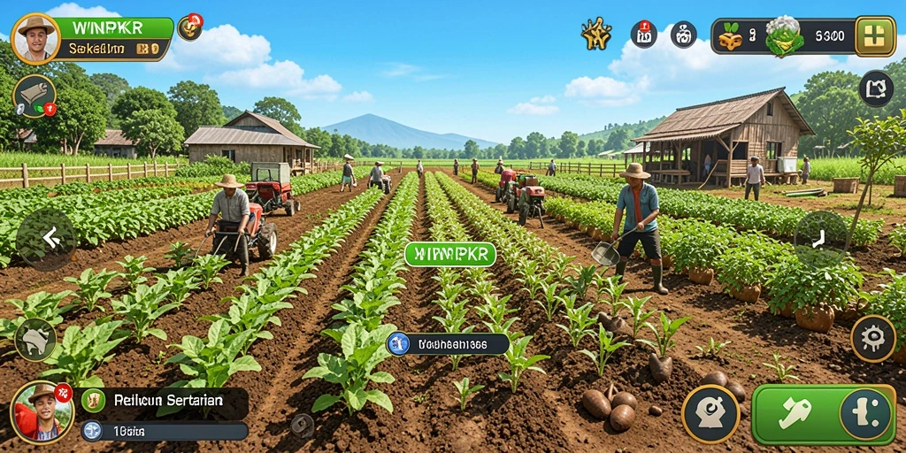 Tangkapan layar gameplay <strong>WINPKR</strong> menunjukkan kebun yang indah dan aktivitas berkebun yang seru.